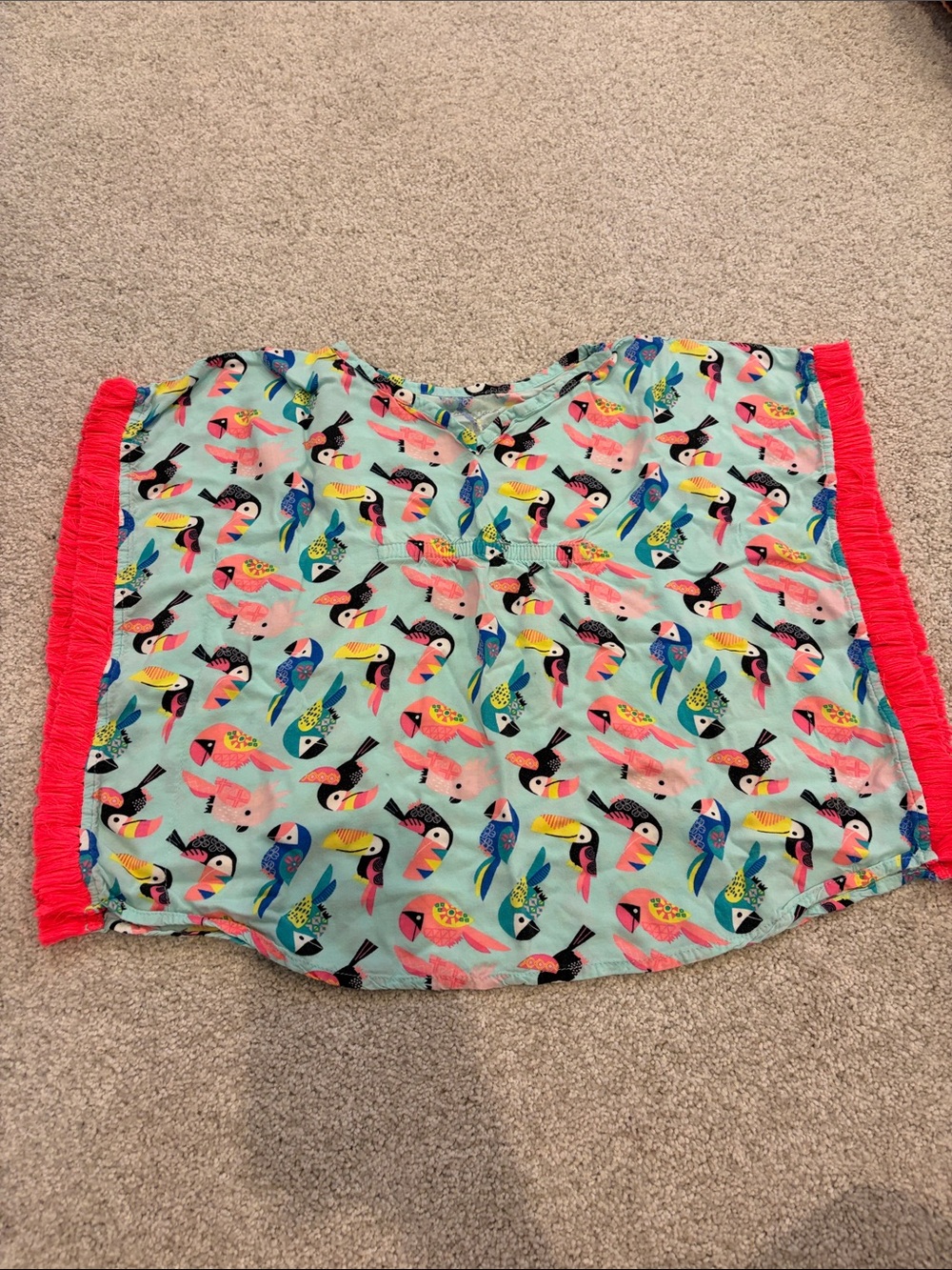 Tropical Pool Toucan Print Top with Pink Fringe